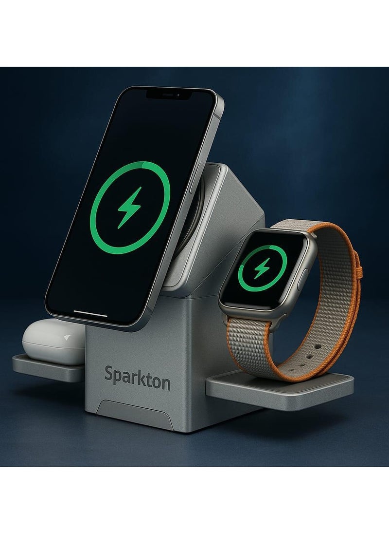 Sparkton - Sparkton 3 in 1 Wireless Charging Station for iPhone Apple Watch AirPods 15W Magnetic Fast Charger Stand with N52 Super Magnet Rotatable Pop-Up Design MagSafe Compatible Foldable Charging Dock Pad USB-C Portable Charging Stand for Desk or Travel - Image 1
