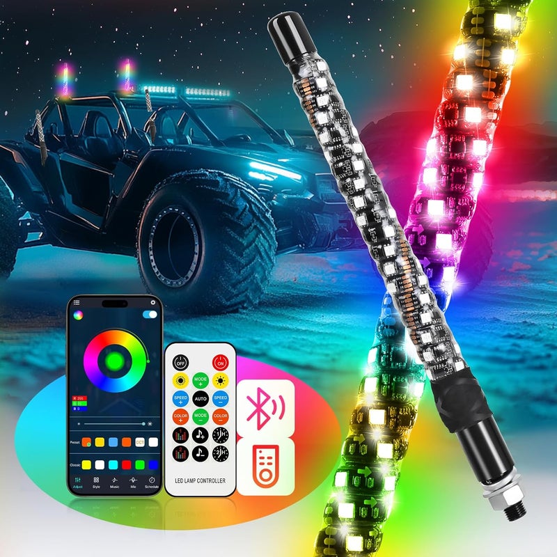 DEERMOTO 2PCS 1FT Whip Lights for UTV ATV with Spring Base, App&Remote Control Waterproof IP68 Spiral RGB LED Chasing Light Antenna Pole Stick for RZR Can-Am (2PCS-1FT-2 Without Quick Insert) - Image 1
