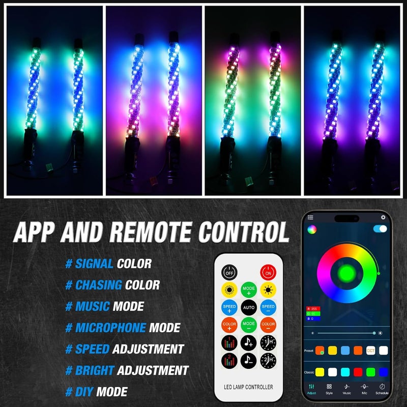 DEERMOTO 2PCS 1FT Whip Lights for UTV ATV with Spring Base, App&Remote Control Waterproof IP68 Spiral RGB LED Chasing Light Antenna Pole Stick for RZR Can-Am (2PCS-1FT-2 Without Quick Insert) - Image 2