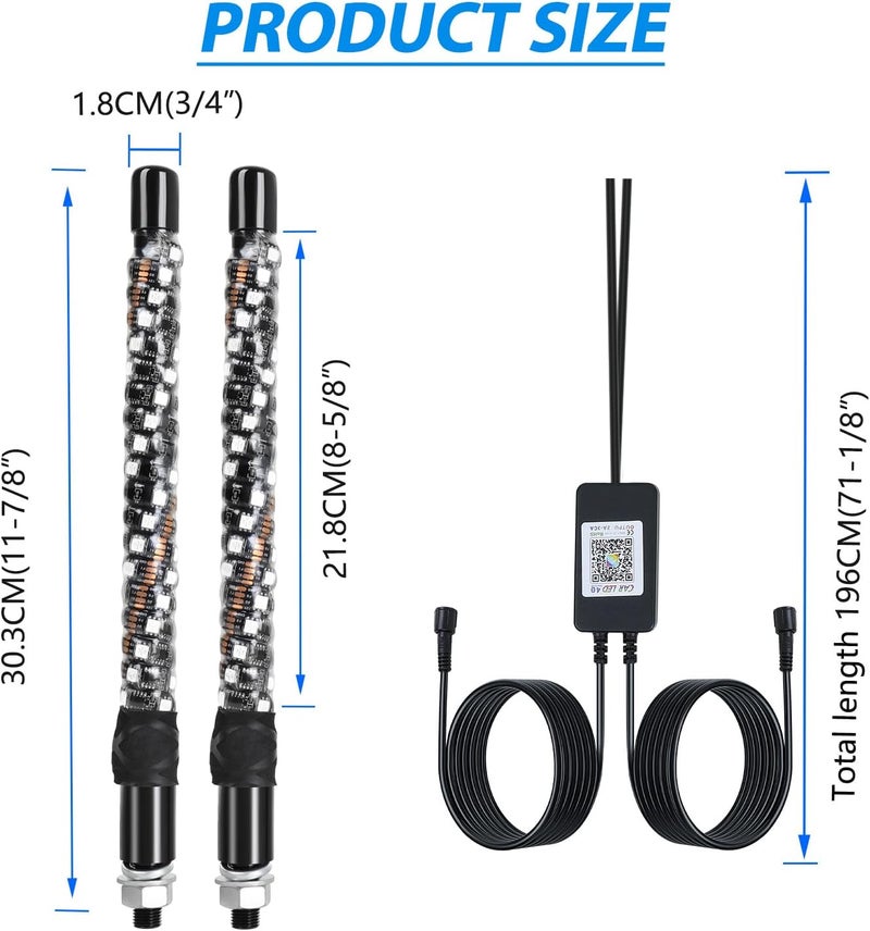 DEERMOTO 2PCS 1FT Whip Lights for UTV ATV with Spring Base, App&Remote Control Waterproof IP68 Spiral RGB LED Chasing Light Antenna Pole Stick for RZR Can-Am (2PCS-1FT-2 Without Quick Insert) - Image 3