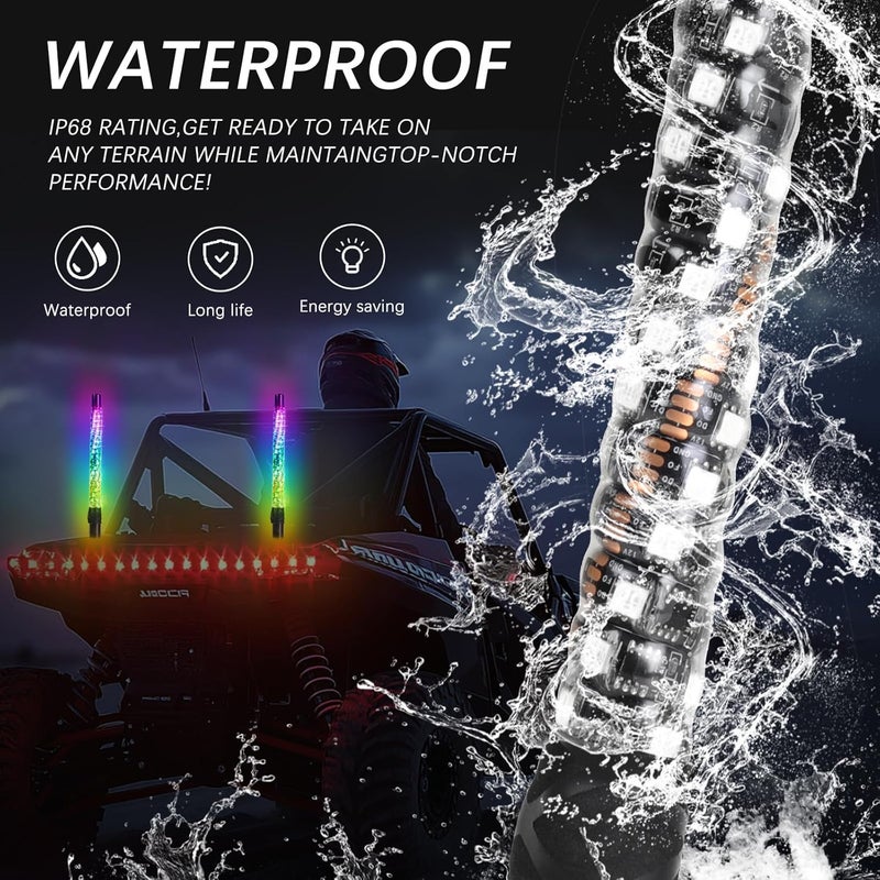 DEERMOTO 2PCS 1FT Whip Lights for UTV ATV with Spring Base, App&Remote Control Waterproof IP68 Spiral RGB LED Chasing Light Antenna Pole Stick for RZR Can-Am (2PCS-1FT-2 Without Quick Insert) - Image 5