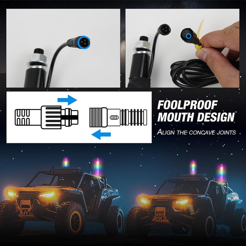 DEERMOTO 2PCS 1FT Whip Lights for UTV ATV with Spring Base, App&Remote Control Waterproof IP68 Spiral RGB LED Chasing Light Antenna Pole Stick for RZR Can-Am (2PCS-1FT-2 Without Quick Insert) - Image 4