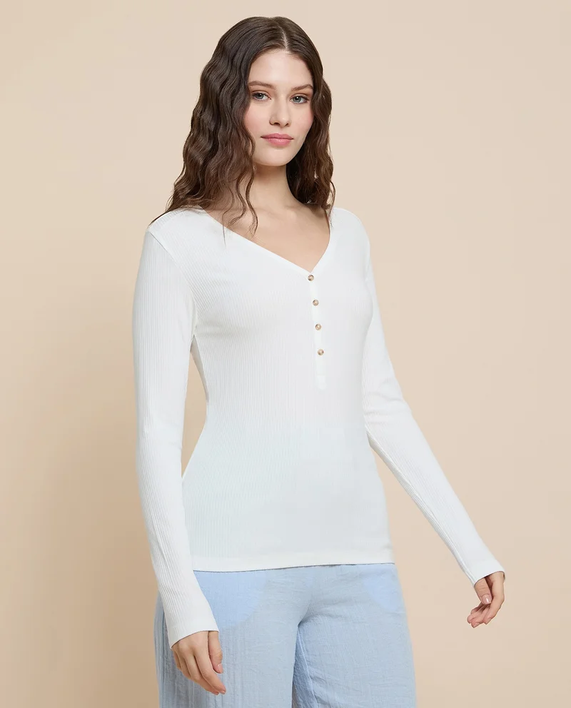 R&B Ribbed Top with V-Neck and Long Sleeves