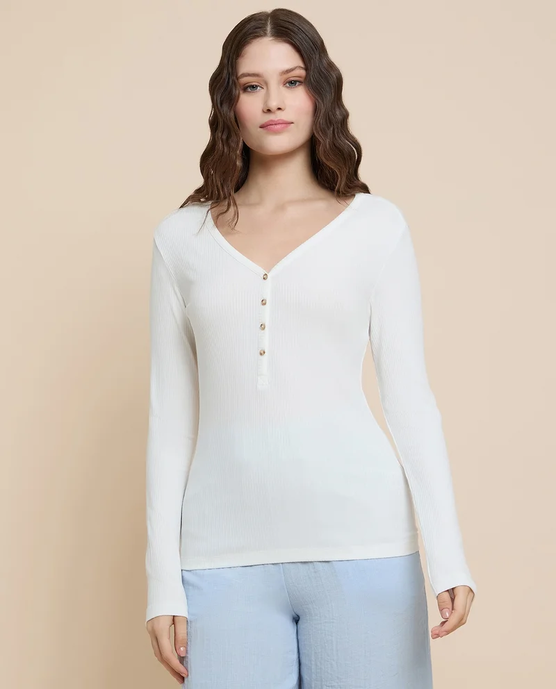 R&B Ribbed Top with V-Neck and Long Sleeves