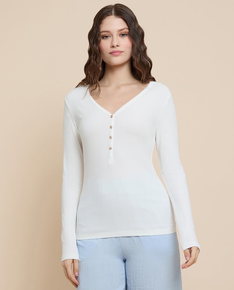 R&B Ribbed Top with V-Neck and Long Sleeves - Image 1
