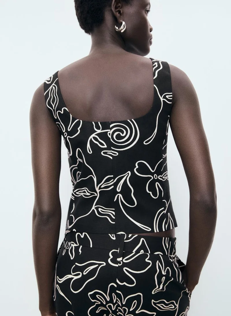 MANGO Floral-Print Linen Suit Waistcoat