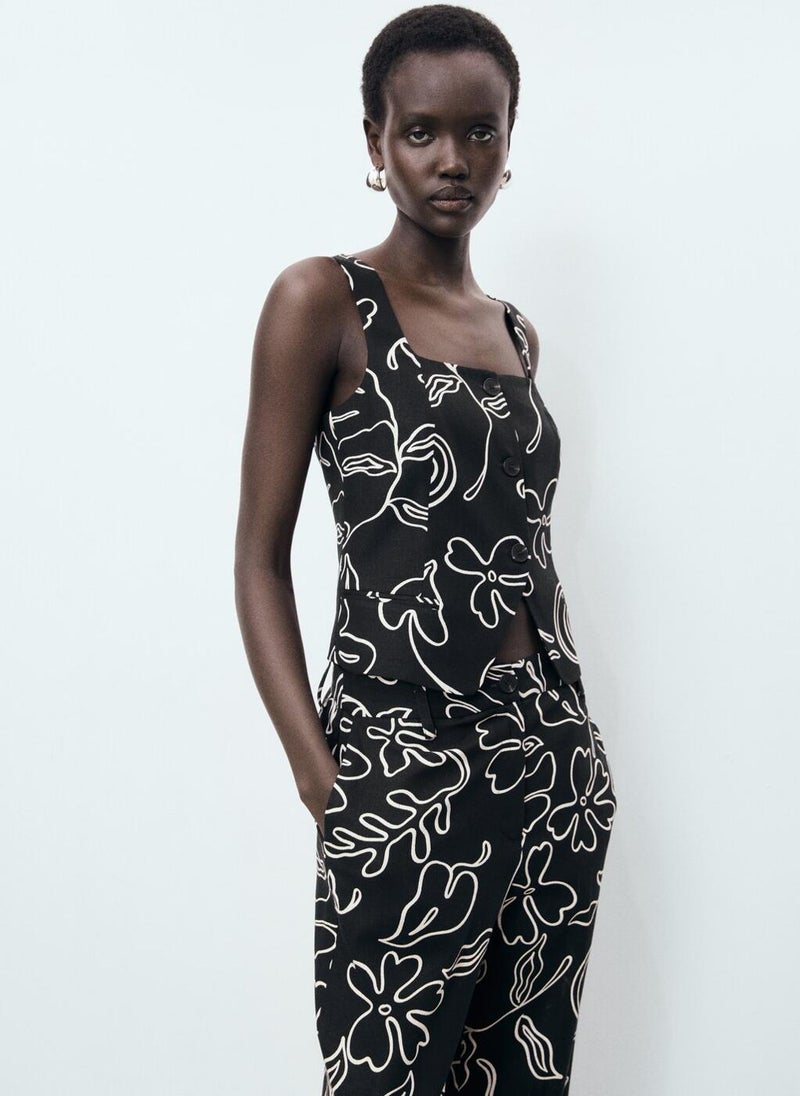 MANGO Floral-Print Linen Suit Waistcoat  - Image 1