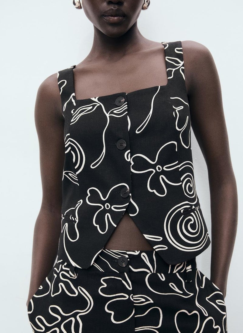 MANGO Floral-Print Linen Suit Waistcoat  - Image 3