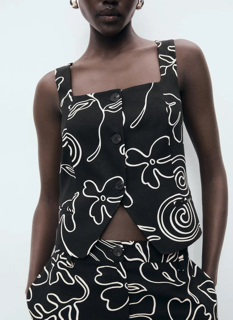 MANGO Floral-Print Linen Suit Waistcoat