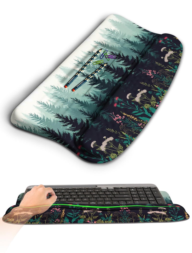 KUOSGM Ergonomic Wave Wrist Rest with Keyboard Stand, Cushioned Palm Rest, Comfortable Integrated Memory Foam for Natural Typing and Relieve Wrist Pain, Flower Sea Forest - Image 1
