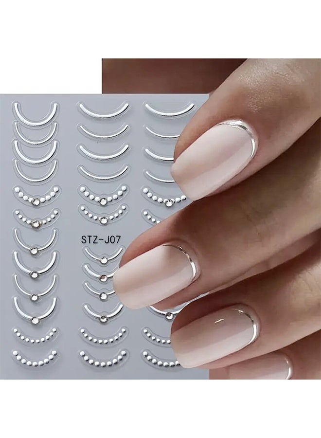 ملصقات أظافر فرنسية، ملصقات أظافر بخطوط فرنسية خماسية الأبعاد، مزينة بأحجار الراين، 4 قطع، أسود، ذهبي، فضي، خطوط فرنسية متموجة، لاصق أظافر، لوازم تزيين الأظافر. - Image 5