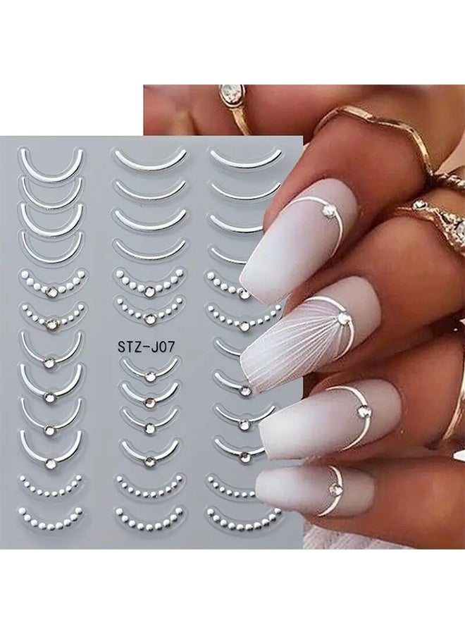 ملصقات أظافر فرنسية، ملصقات أظافر بخطوط فرنسية خماسية الأبعاد، مزينة بأحجار الراين، 4 قطع، أسود، ذهبي، فضي، خطوط فرنسية متموجة، لاصق أظافر، لوازم تزيين الأظافر. - Image 3