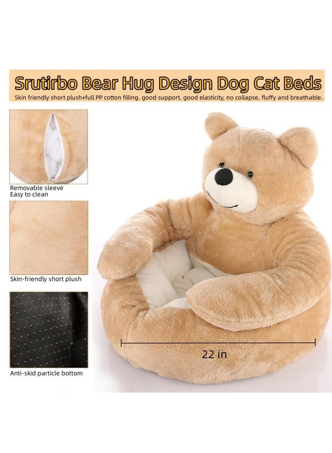 Srutirbo Cute Bear Hug Design Dog Cat Beds Plush Pet Beds Cuddler, Warm Soft Calming Dog Beds with Removable Washable Cover Non-Slip Bottom (Diameter 22 in, Khaki) - Image 3