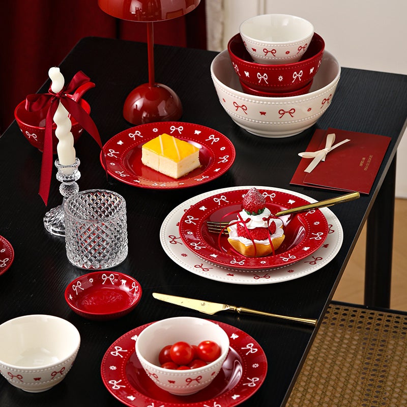Bow Tie Bowl And Dish Set, High-Value Plates, Red Housewarming Tableware, Bowls And Plates, Household Ceramic Rice Bowls - Image 3