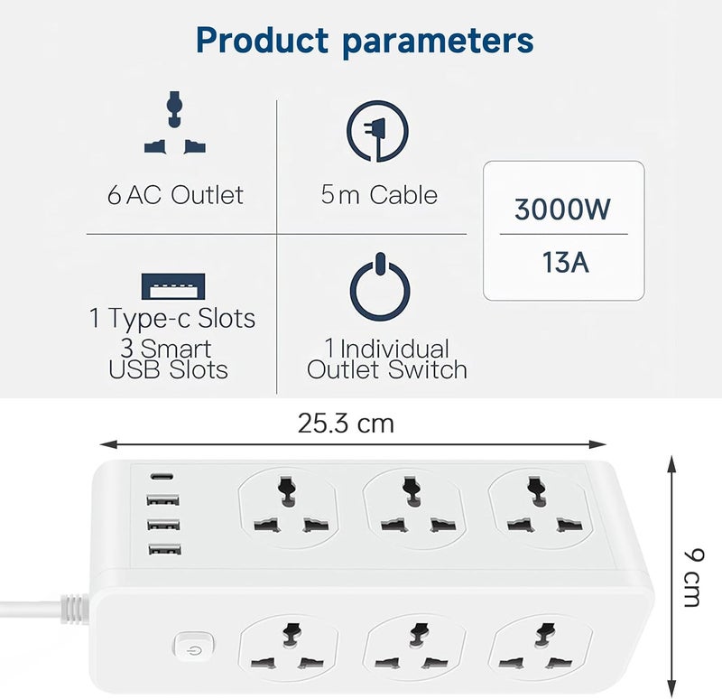 6 Outlets Extension Cord Universal Power Strips with Surge Protector Extension Lead Outlets Plug Adapter With USB Slots+Type C Outlets,5M Wall Plug Adapter with Socket Multi Plug White - Image 1