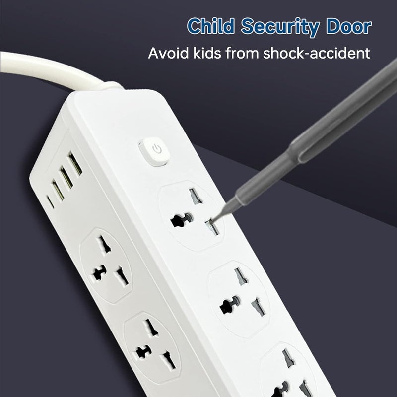 6 Outlets Extension Cord Universal Power Strips with Surge Protector Extension Lead Outlets Plug Adapter With USB Slots+Type C Outlets,5M Wall Plug Adapter with Socket Multi Plug White - Image 3