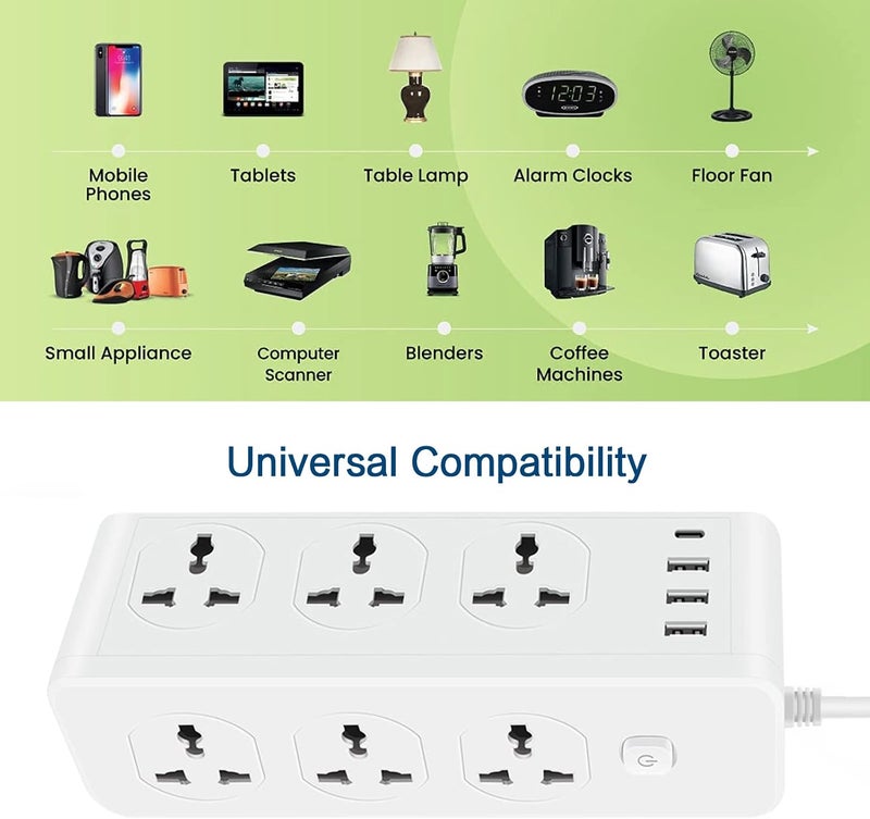 6 Outlets Extension Cord Universal Power Strips with Surge Protector Extension Lead Outlets Plug Adapter With USB Slots+Type C Outlets,5M Wall Plug Adapter with Socket Multi Plug White - Image 4