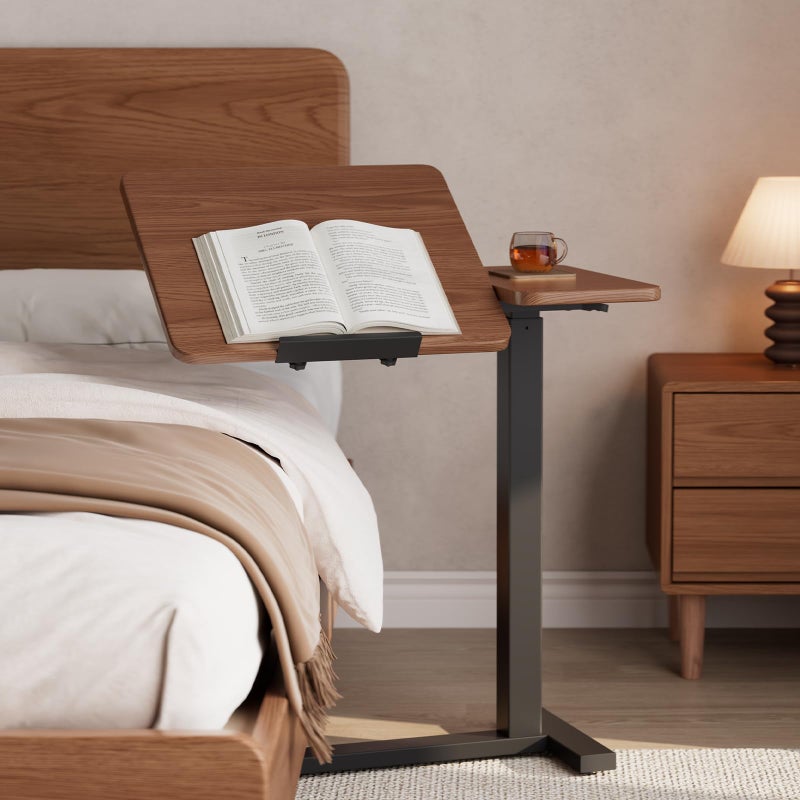 DONGMUWUJEE Solid Wood Overbed Bedside Table with Wheels, Tilting Adjustable Hospital Bed Table Over The Bed, Medical Mobile Laptop Stand, Rolling Standing Desk for Hospital and Home Use(Walnut) - Image 1
