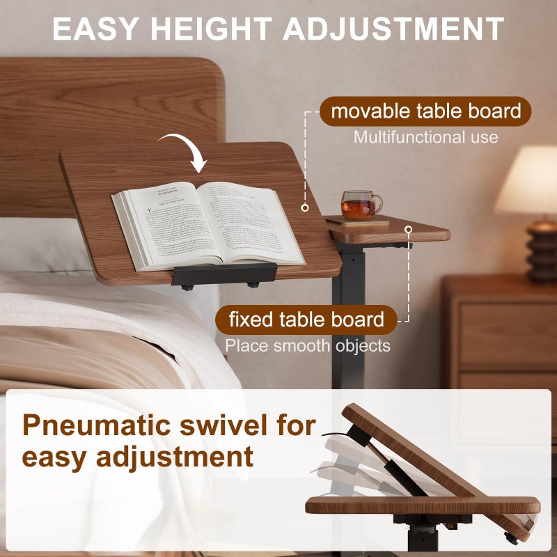 DONGMUWUJEE Solid Wood Overbed Bedside Table with Wheels, Tilting Adjustable Hospital Bed Table Over The Bed, Medical Mobile Laptop Stand, Rolling Standing Desk for Hospital and Home Use(Walnut) - Image 4