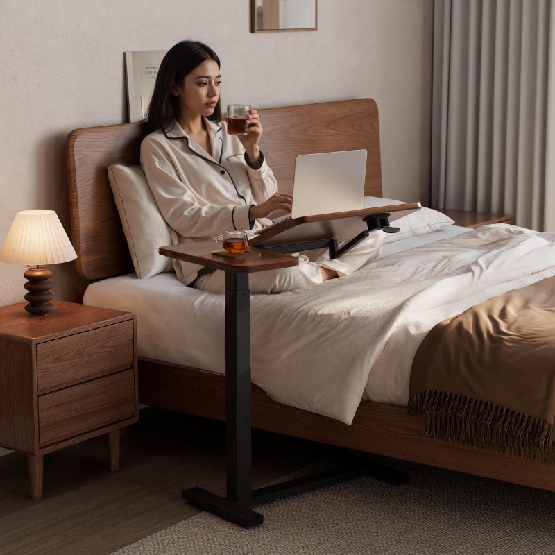 DONGMUWUJEE Solid Wood Overbed Bedside Table with Wheels, Tilting Adjustable Hospital Bed Table Over The Bed, Medical Mobile Laptop Stand, Rolling Standing Desk for Hospital and Home Use(Walnut) - Image 2