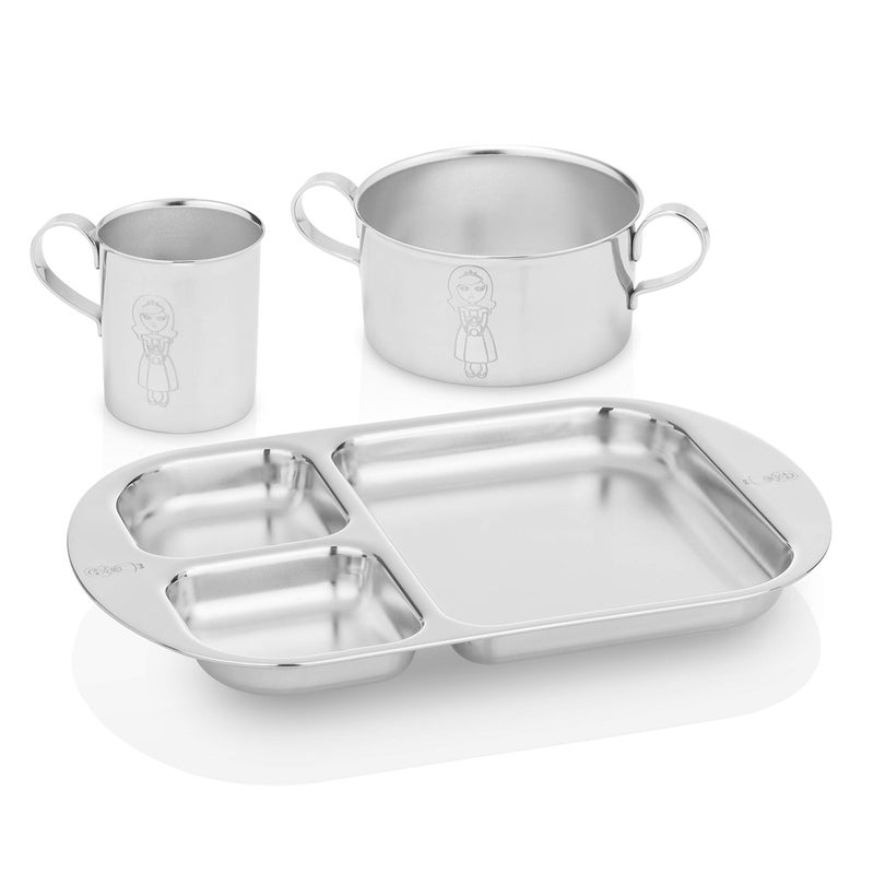 Kiddobloom Children's Premium Stainless Steel Dinnerware Set | 1 Bowl with Handles, 1 Cup with Handle & 1 Divided Plate | Cute Little Princess Design | Perfect for Babies, Toddlers & Kids | by Kiddobloom - Image 1