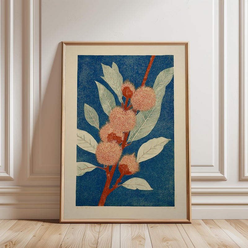 TNESSENTIAL Japanese Botanical Poster, Peach Leaves Blue Background, Red Branch - Image 1