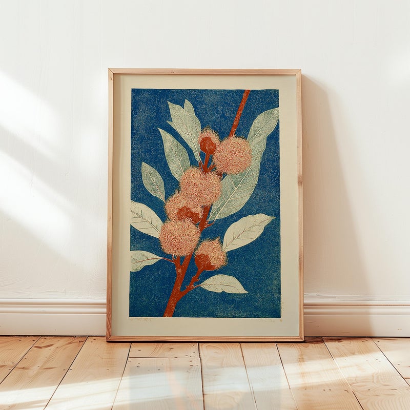 TNESSENTIAL Japanese Botanical Poster, Peach Leaves Blue Background, Red Branch - Image 4
