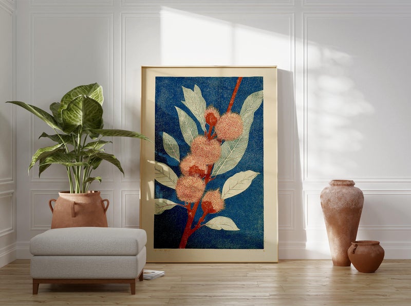 TNESSENTIAL Japanese Botanical Poster, Peach Leaves Blue Background, Red Branch - Image 3