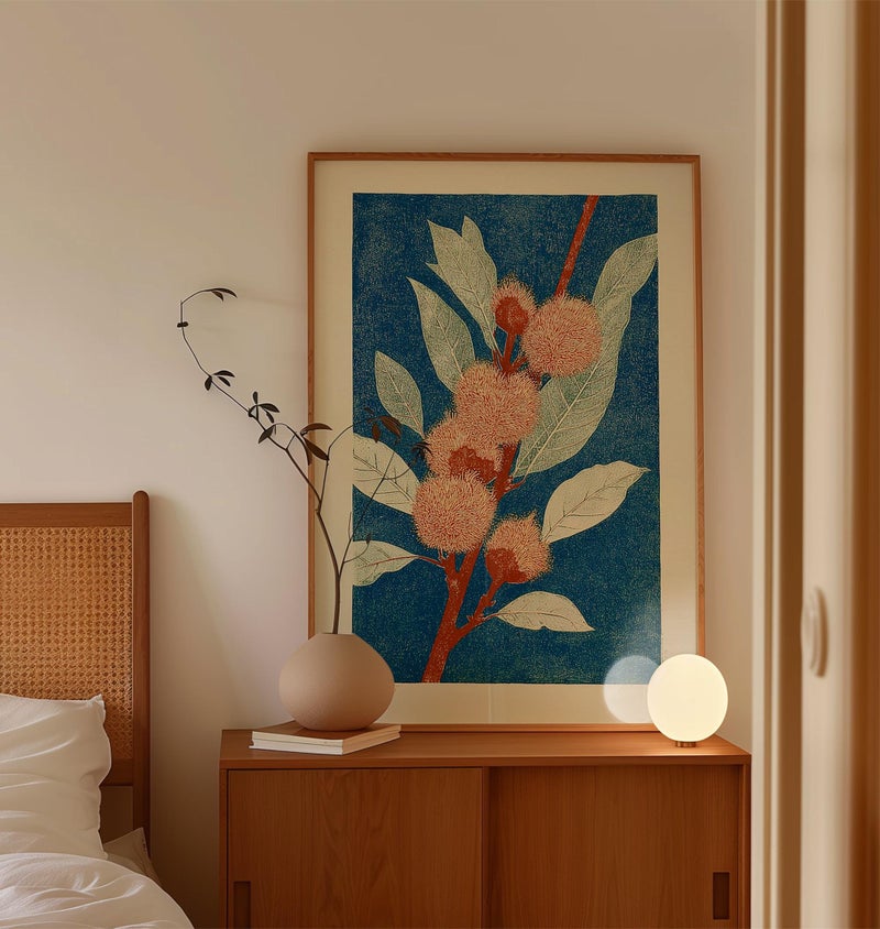 TNESSENTIAL Japanese Botanical Poster, Peach Leaves Blue Background, Red Branch - Image 5