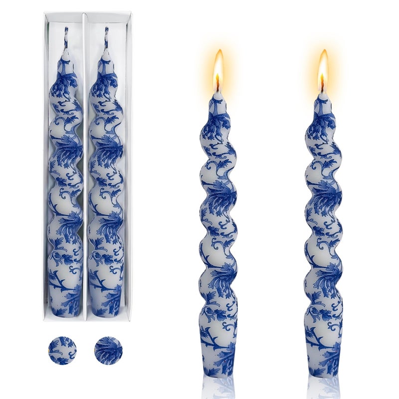 Gedengni Floral Taper Candles Spiral Candlesticks Set of 2 Blue and White Chinoiserie Twisted Candle Short Candle Sticks Print Tapered Candles for Home Party Wedding Dinner Party 2D2TBLUWHT
