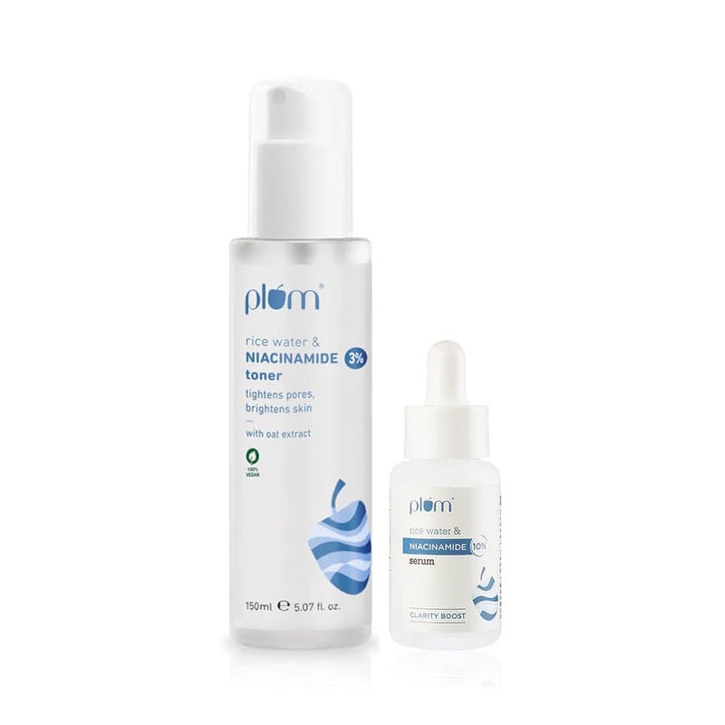 Plum 3 Niacinamide  Rice Water Face Toner 150ml  10 Niacinamide Face Serum 15ml  Alcohol Free Toner  Skincare Combo for Pore Tightening Acne Control Brightening  Oil Control  Women  Men - Image 1