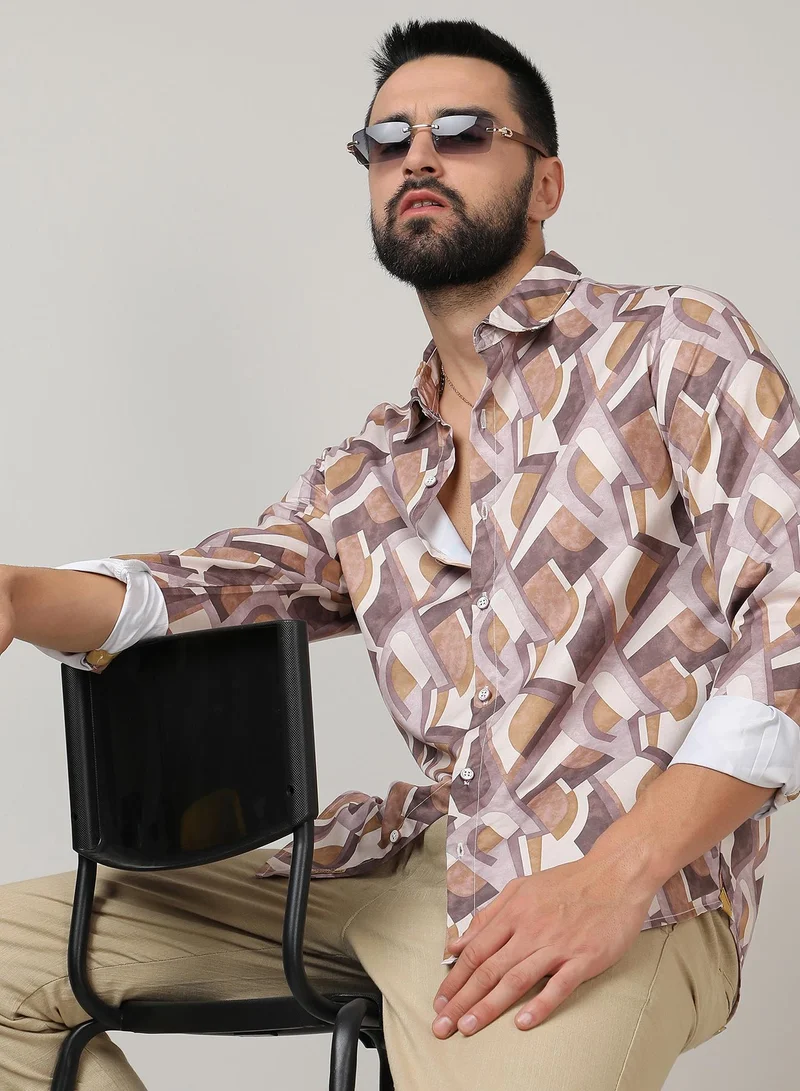 Men's Pale Yellow & Mocha Brown Abstract Block Shirt
