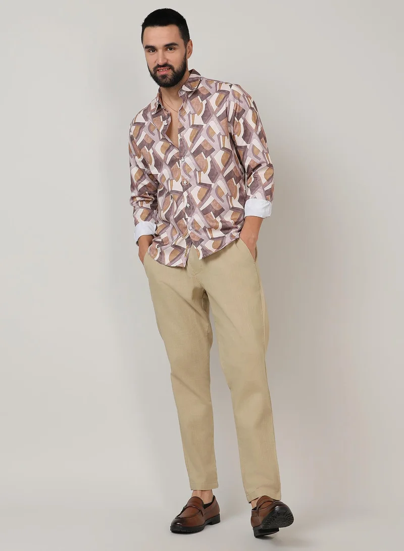 CAHOOT  Men's Pale Yellow & Mocha Brown Abstract Block Shirt for Men | Best Price UAE