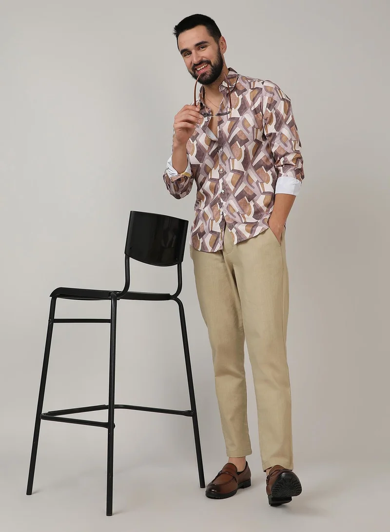 CAHOOT  Men's Pale Yellow & Mocha Brown Abstract Block Shirt for Men | Best Price UAE