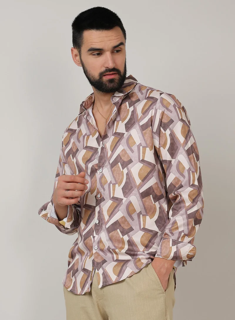 CAHOOT  Men's Pale Yellow & Mocha Brown Abstract Block Shirt for Men | Best Price UAE