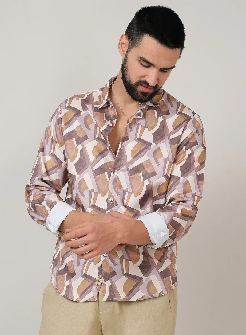 CAHOOT  Men's Pale Yellow & Mocha Brown Abstract Block Shirt for Men | Best Price UAE