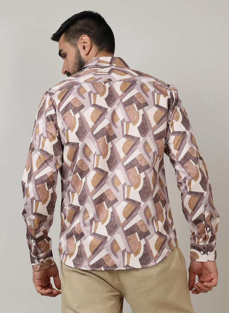 CAHOOT  Men's Pale Yellow & Mocha Brown Abstract Block Shirt for Men | Best Price UAE