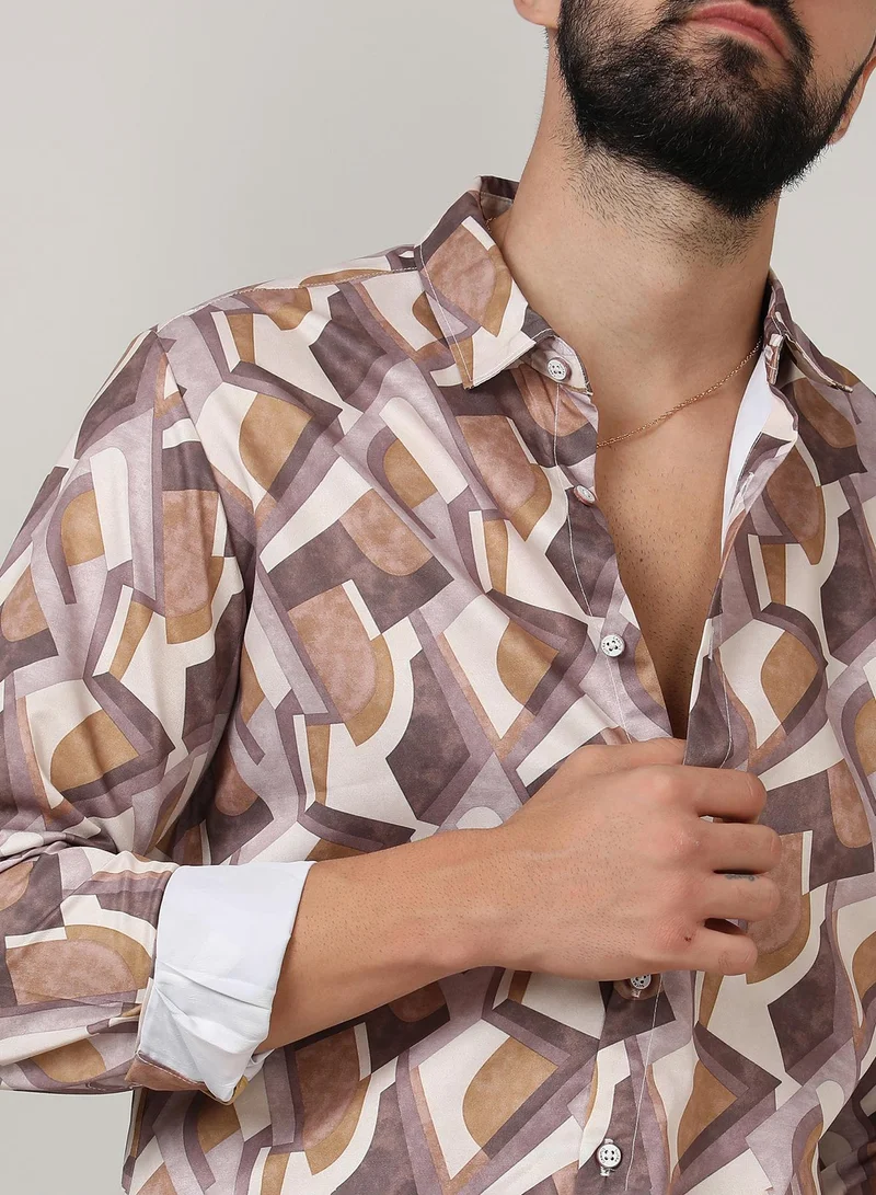 CAHOOT  Men's Pale Yellow & Mocha Brown Abstract Block Shirt for Men | Best Price UAE