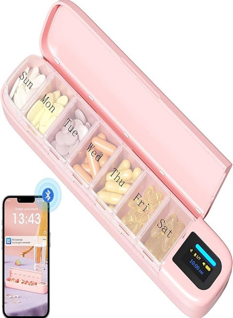Smart Pill Organizer with Alarm, Bluetooth Daily Pill Box (7 Days with APP), Weekly Travel Pill Box, Portable Pill Reminder for Medication, Supplements, Pills and Vitamins (Pink)