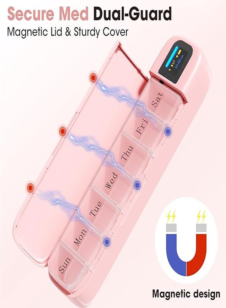 Smart Pill Organizer with Alarm, Bluetooth Daily Pill Box (7 Days with APP), Weekly Travel Pill Box, Portable Pill Reminder for Medication, Supplements, Pills and Vitamins (Pink)