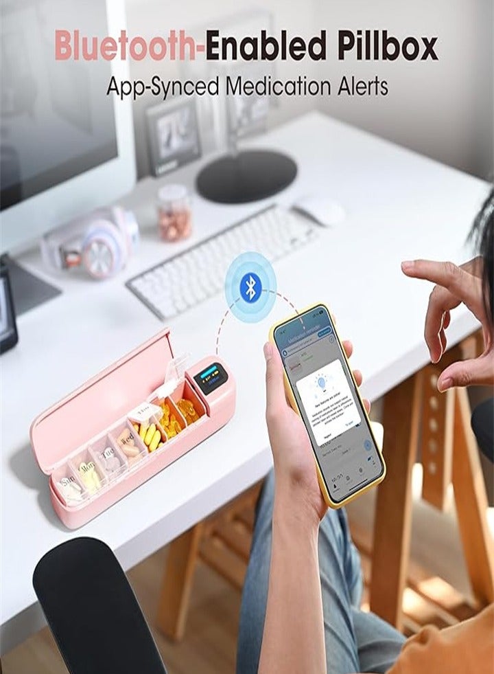 Smart Pill Organizer with Alarm, Bluetooth Daily Pill Box (7 Days with APP), Weekly Travel Pill Box, Portable Pill Reminder for Medication, Supplements, Pills and Vitamins (Pink)