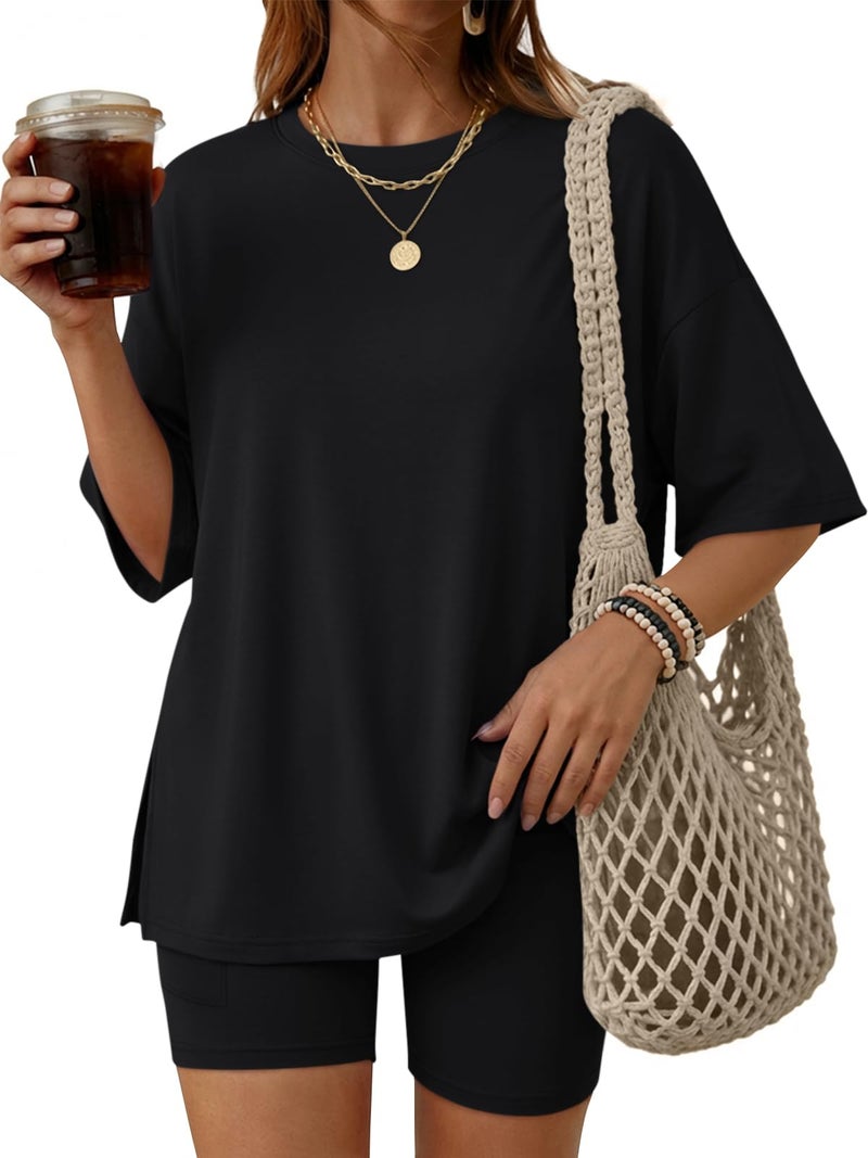 LILLUSORY Womens Lounge Sets Shorts 2 Piece Matching Pajamas Summer Travel Cruise Outfits 2026 Casual Oversized Sweatsuits Gym Workout Spring Clothes Black M - Image 1