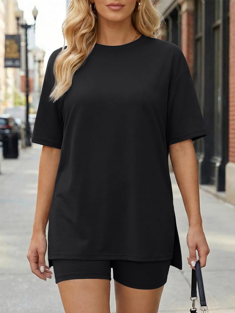 LILLUSORY Womens Lounge Sets Shorts 2 Piece Matching Pajamas Summer Travel Cruise Outfits 2026 Casual Oversized Sweatsuits Gym Workout Spring Clothes Black M - Image 2