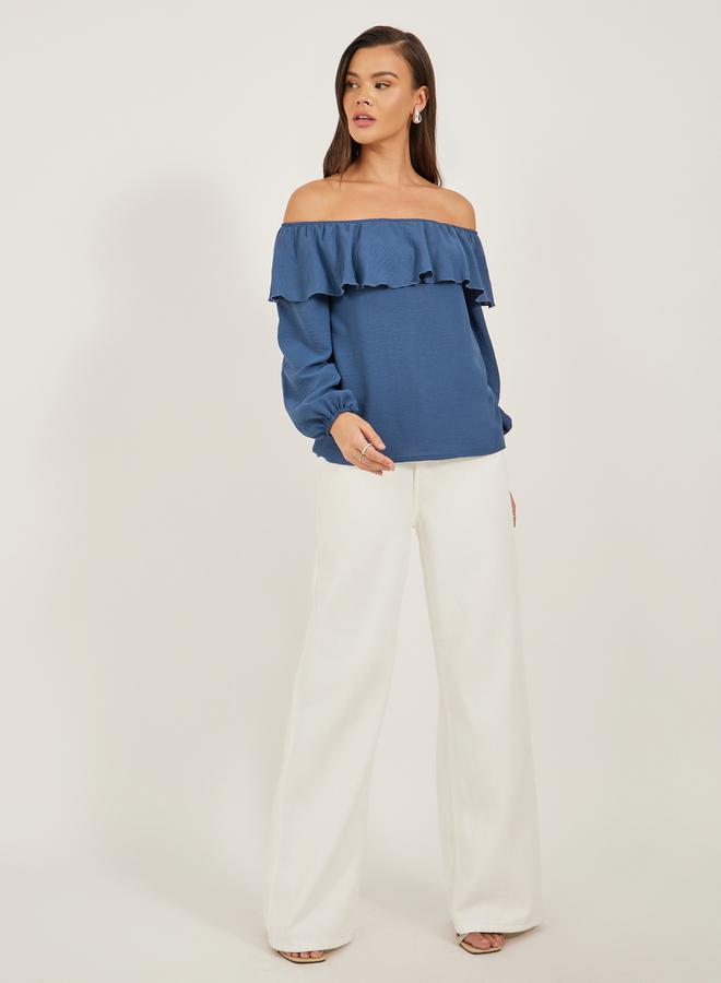 Styli Solid Ruffled Trim Off Shoulder Neck Blouse  - Image 2