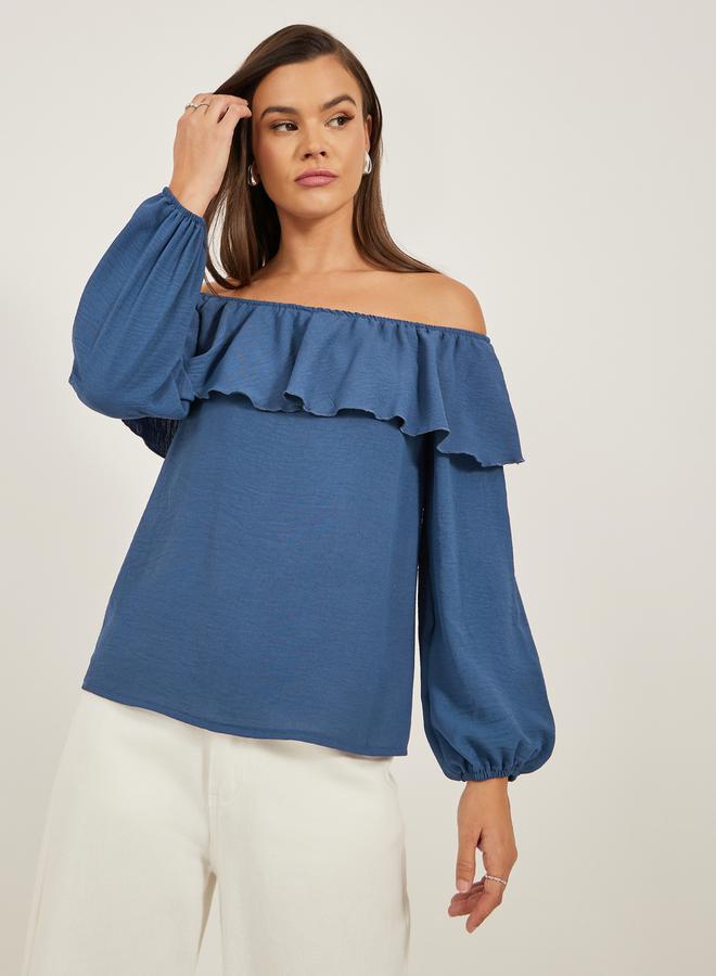 Styli Solid Ruffled Trim Off Shoulder Neck Blouse  - Image 1