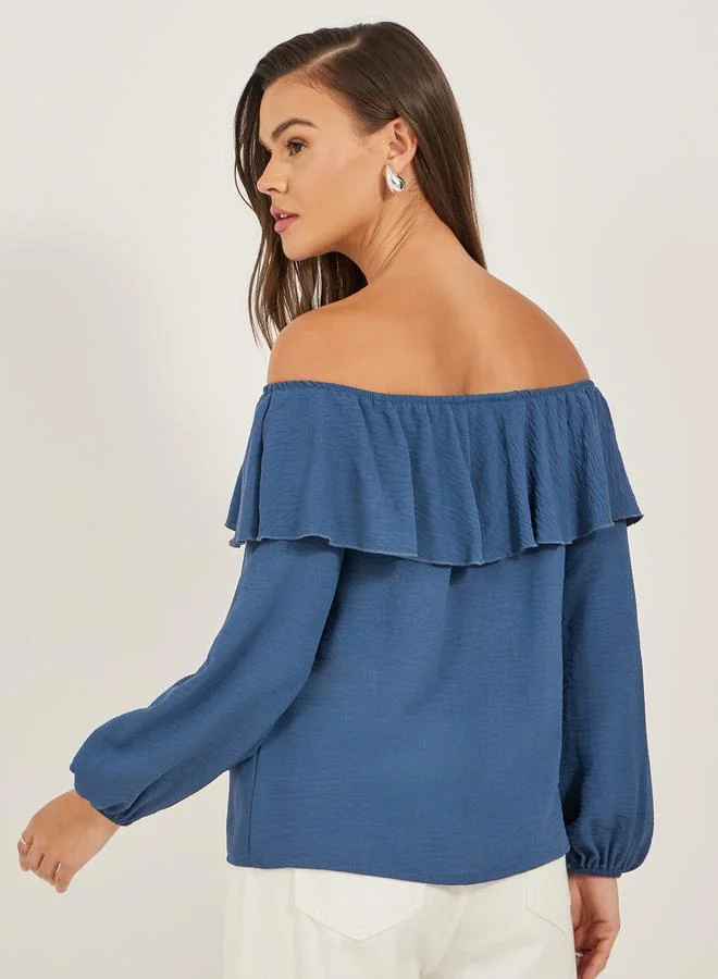 Styli Solid Ruffled Trim Off Shoulder Neck Blouse