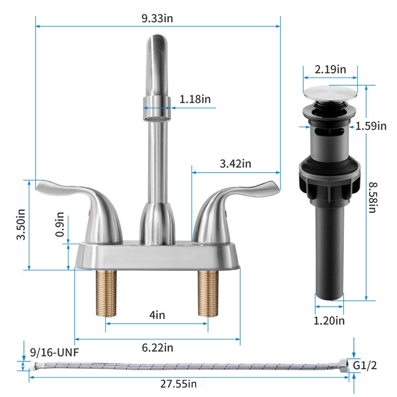 Fropo 2 Handle Brushed Nickel Bathroom Sink Faucet - 4 Inch Centerset Faucet Bathroom 2 Or 3 Hole Lavatory Faucet Bathroom Vanity Sink Faucets With Pop-Up Drain And Supply Lines - Image 4