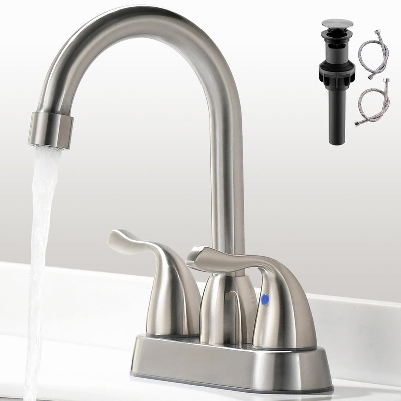 Fropo 2 Handle Brushed Nickel Bathroom Sink Faucet - 4 Inch Centerset Faucet Bathroom 2 Or 3 Hole Lavatory Faucet Bathroom Vanity Sink Faucets With Pop-Up Drain And Supply Lines - Image 1