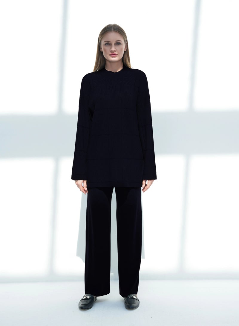 Andy 2316 | Women's Premium Knitwear Two-Piece Set – Long-Sleeve High-Neck Tunic Top with Relaxed Wide-Leg Trousers | Elegant & Versatile Outfit for Everyday Comfort and Style | Black