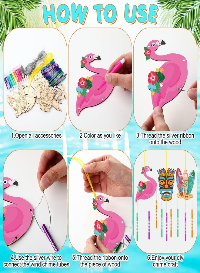 WinnerWhy 16 Pack Summer Wind Chime Kit Hawaii Craft Make Your Own Flamingos Tiki Surfboard Wind Chime DIY Wooden Hanging Ornaments Painting Craft for Hawaii Summer Family Activities Party Supplies - Image 4